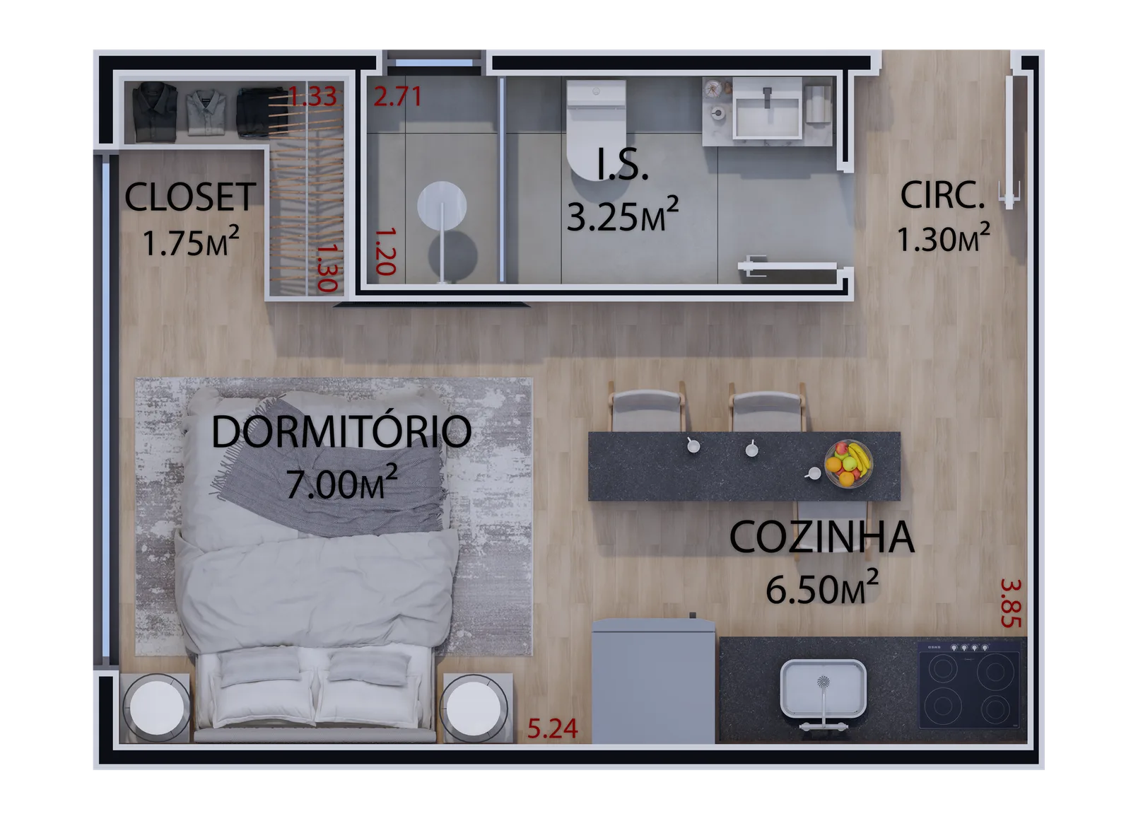 Planta do studio — tipologia 1