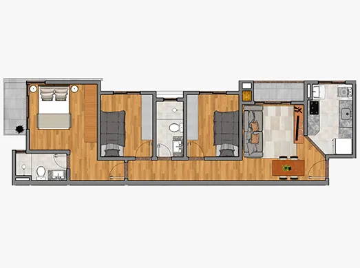 Planta do apartamento — configuração de três quartos