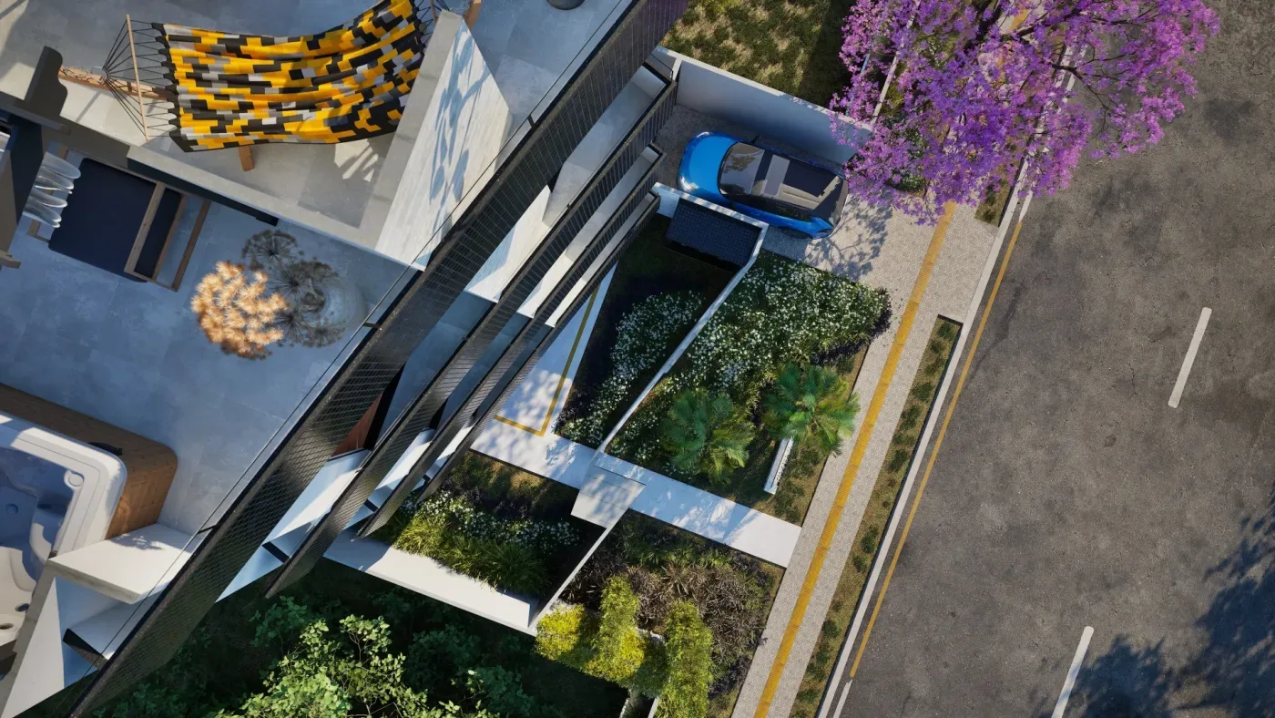 Perspectiva aérea ilustrativa das áreas comuns