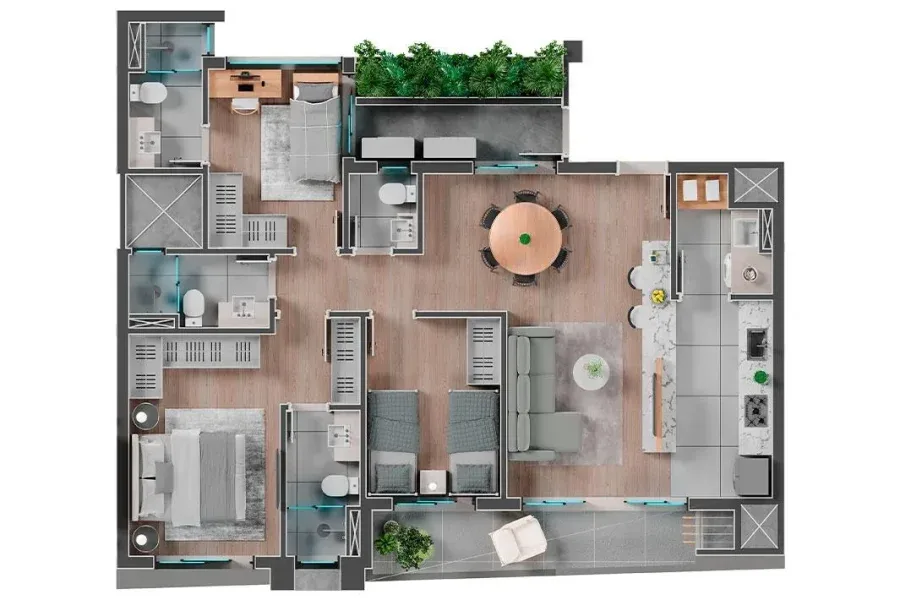 Planta do apartamento — referência Unidade Tipo - 3 Quartos - 93,24m²