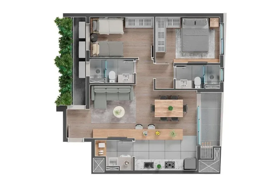 Planta do apartamento — referência Unidade Tipo - 2 Quartos - 75,57m²