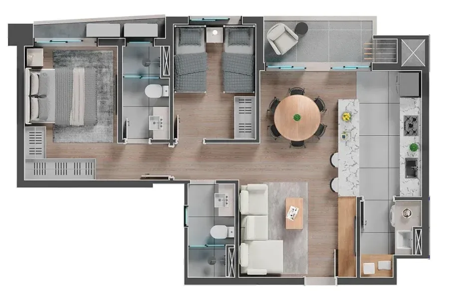 Planta do apartamento — referência Unidade Tipo - 2 Quartos - 69,35m²