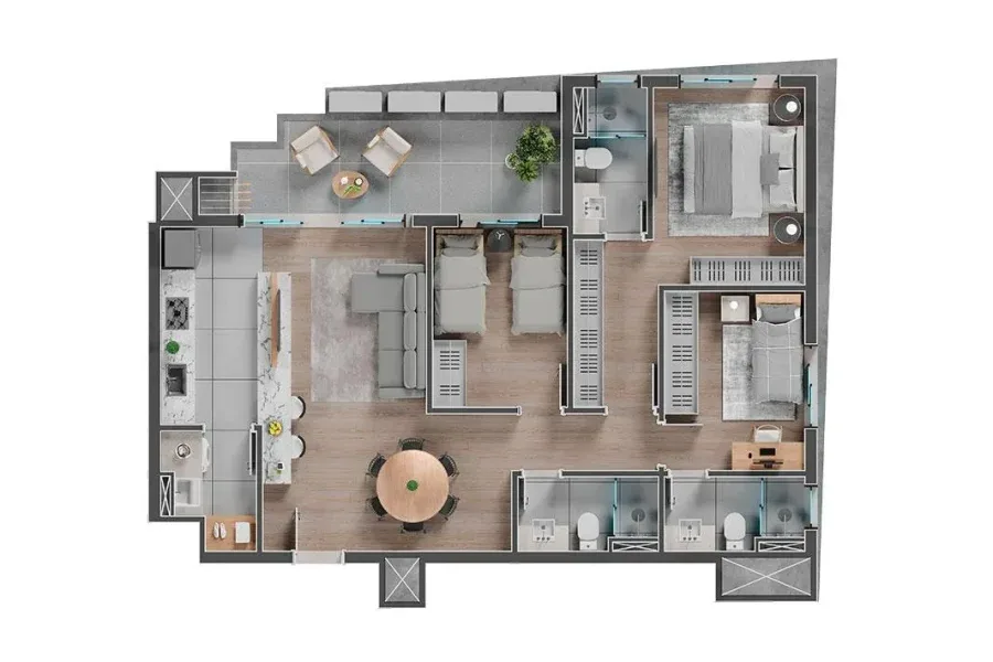 Planta do apartamento — referência Unidade Tipo - 3 Quartos - 96,20m²
