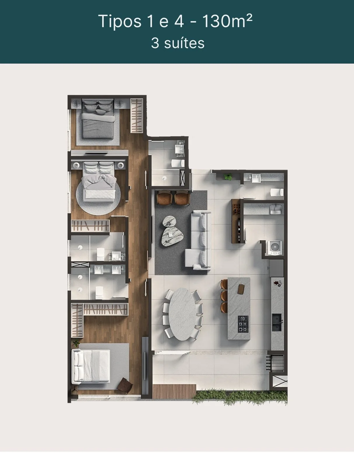 Planta do apartamento — referência Tipo 1 e 4 - 130m²
