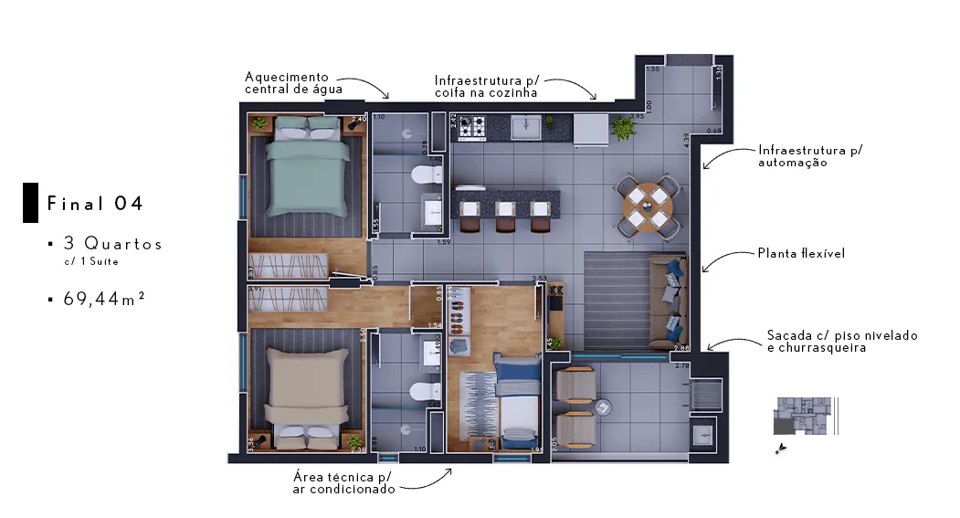 Planta do apartamento — referência 3 quartos opcao 1