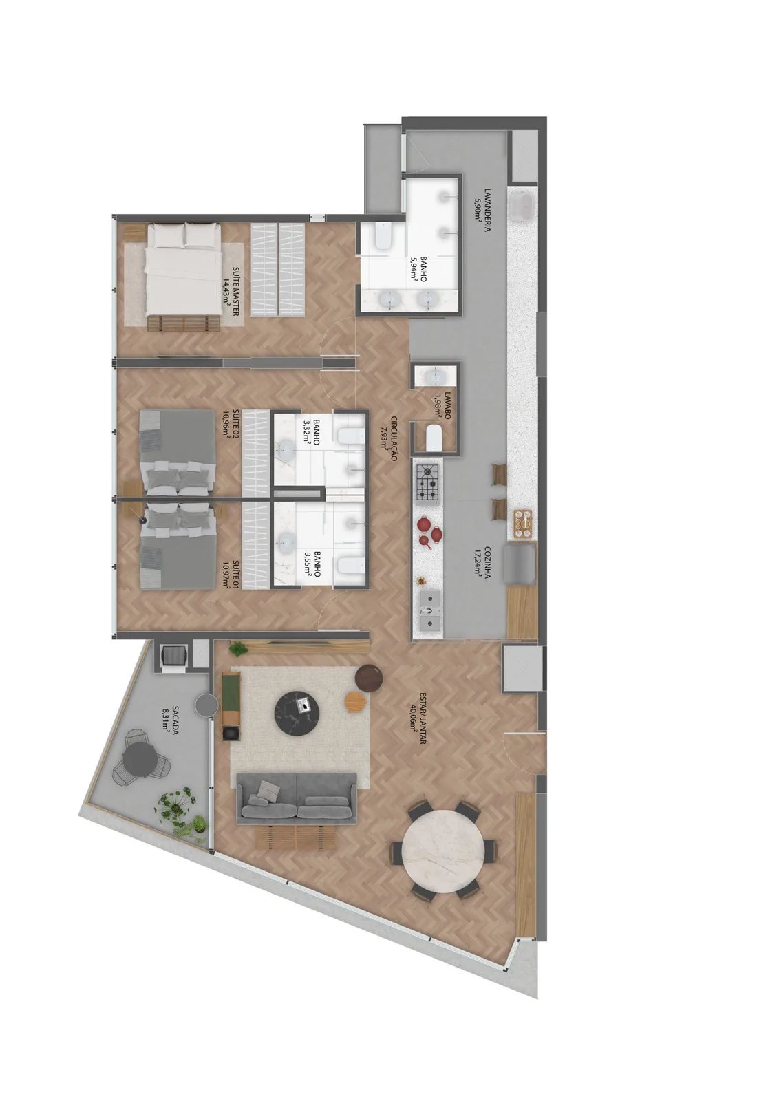 Planta do apartamento — referência 145m² 3 suítes