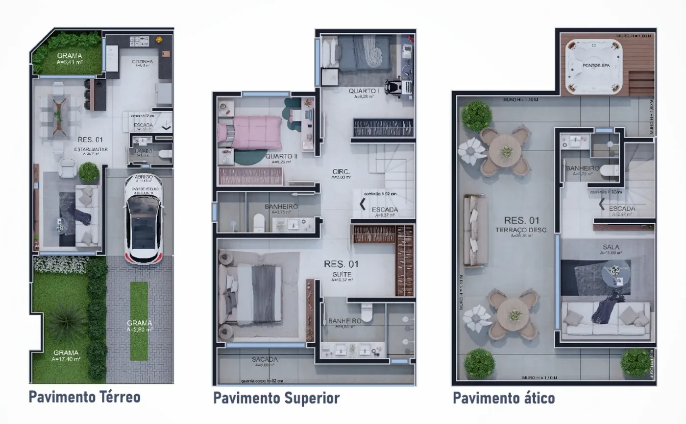 Planta ilustrativa da residência 01 — térreo, superior e ático