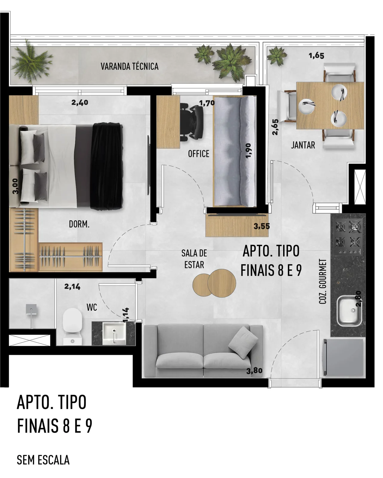 Planta do apartamento — referência TIPO 8 e 9 - 1Dorm-escrit-var