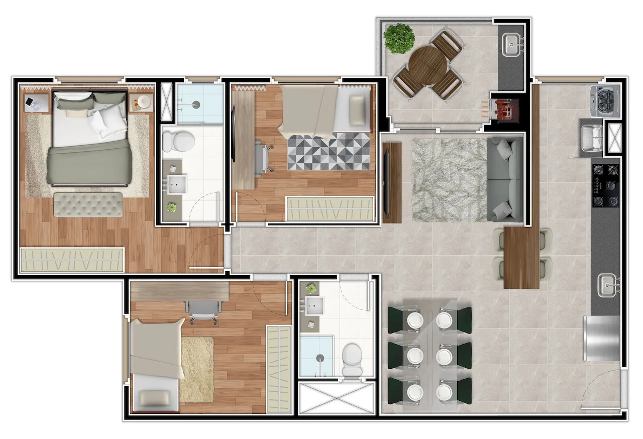 Planta do apartamento — referência 80 3 Dormitórios low