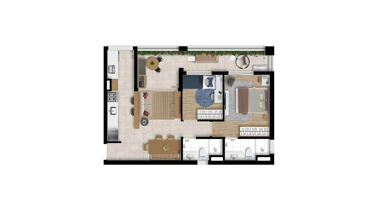 Planta do apartamento — referência Apto 63,91m² - 2 Dorms. - Final 3