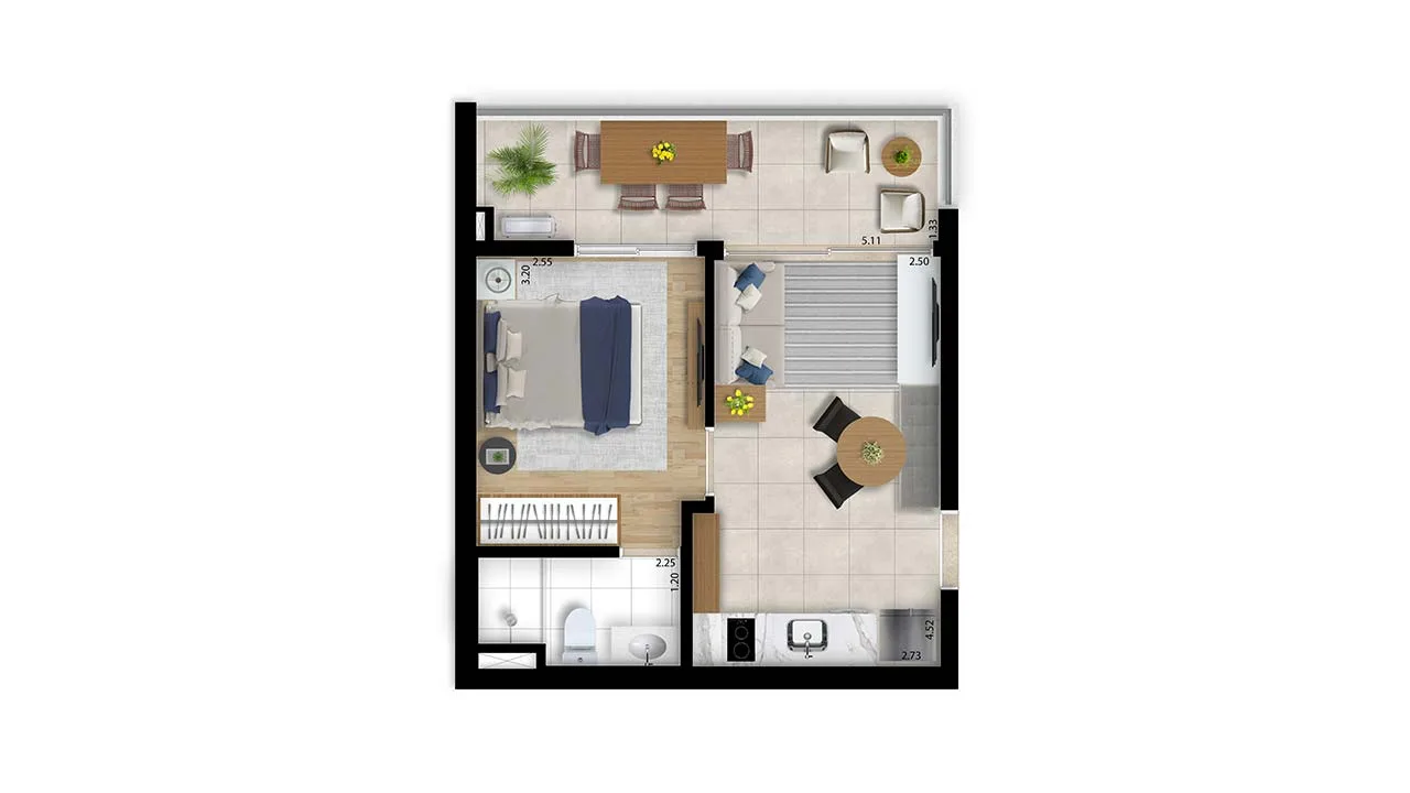 Planta do apartamento — referência Apto 34,94m² - 1 Dorm. - Final 2