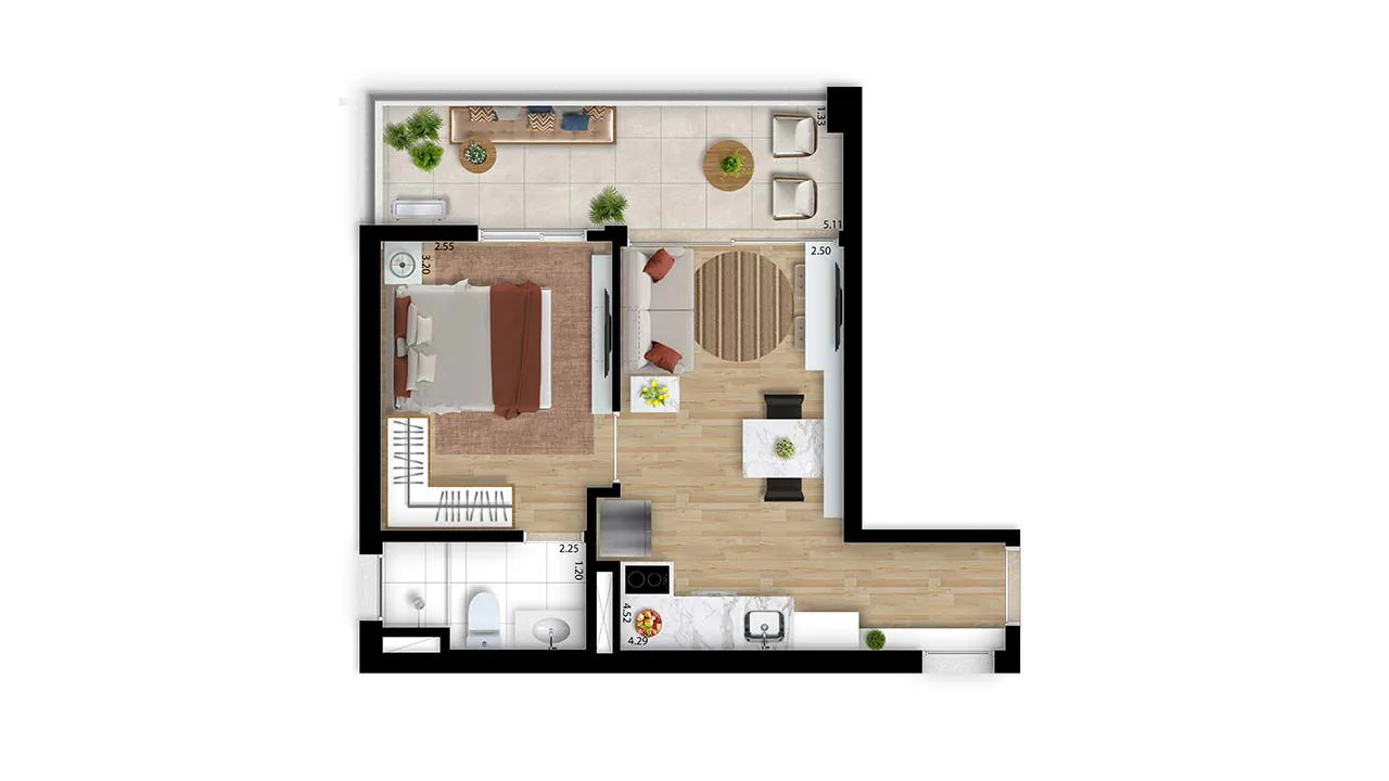 Planta do apartamento — referência Apto 38,40m² - 1 Dorm. - Final 1