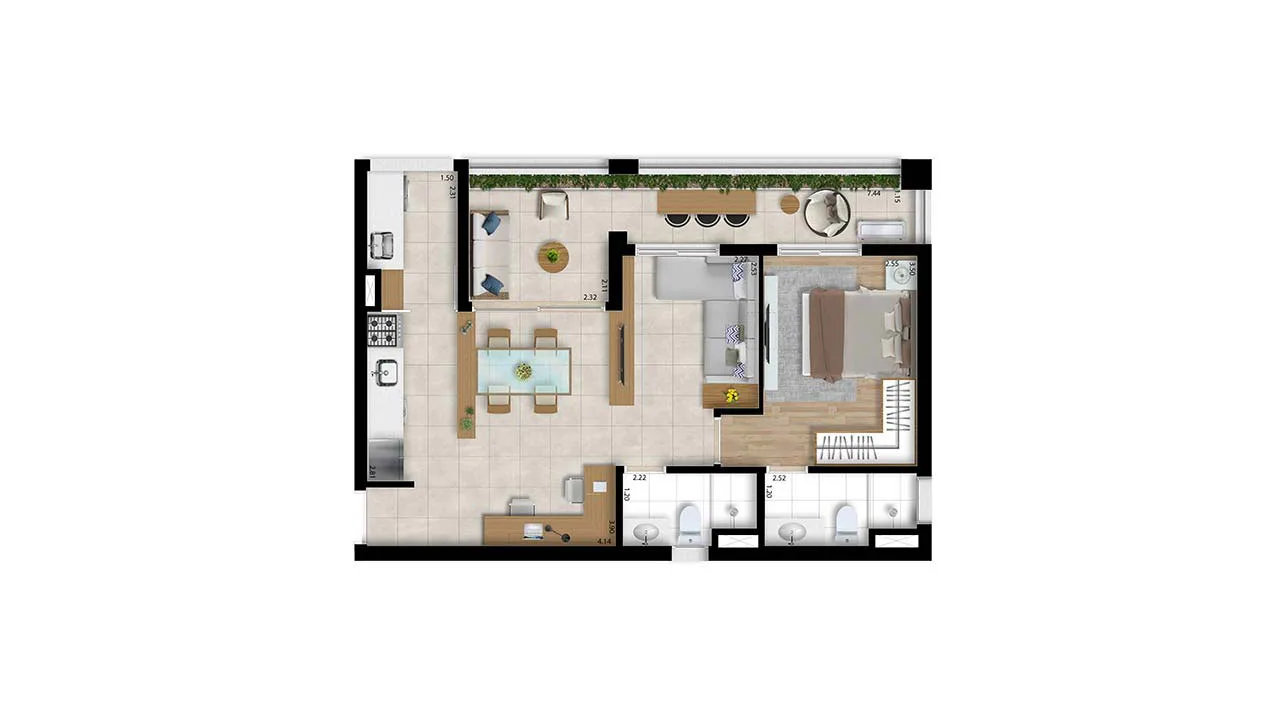 Planta do apartamento — referência Apto 63,91m² - Sala Ampliada e 1 Dorm. - Final 3