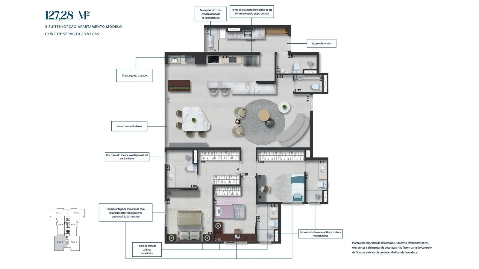Planta do apartamento — referência 12728 m² wc servico 1