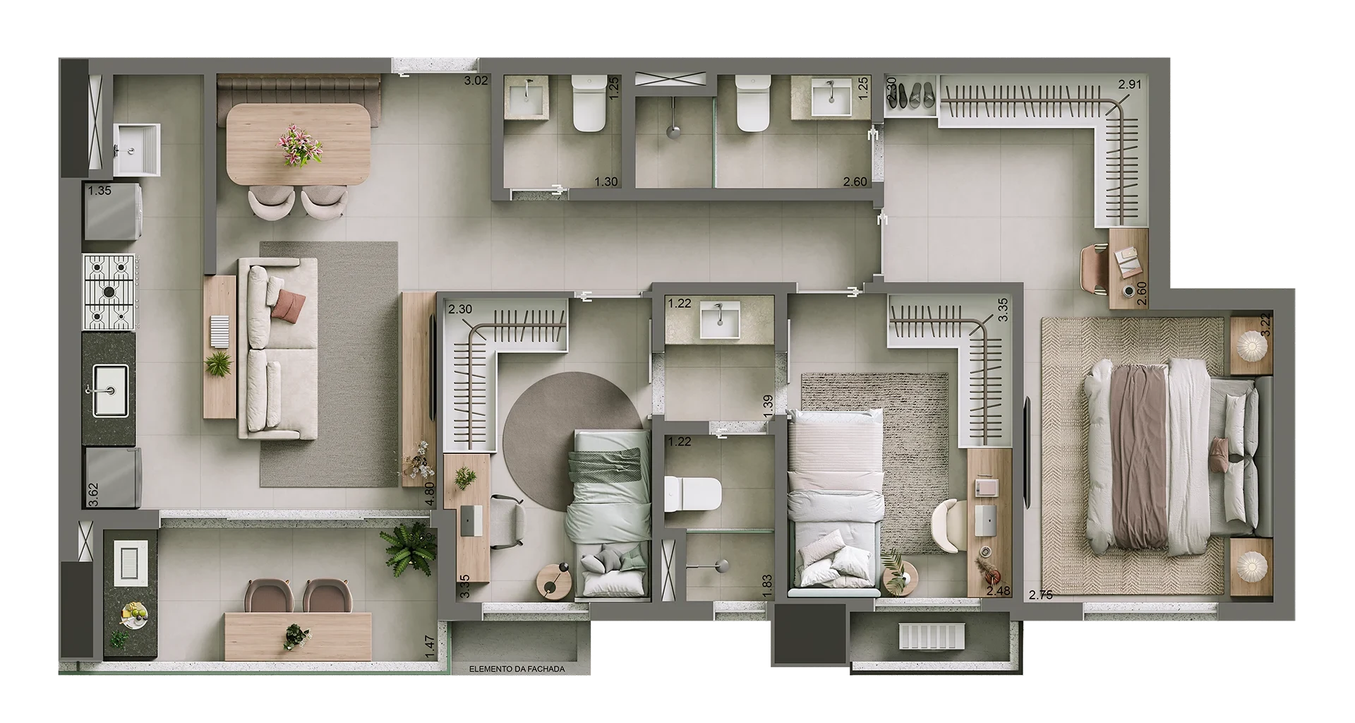 Planta do apartamento — configuração com três suítes
