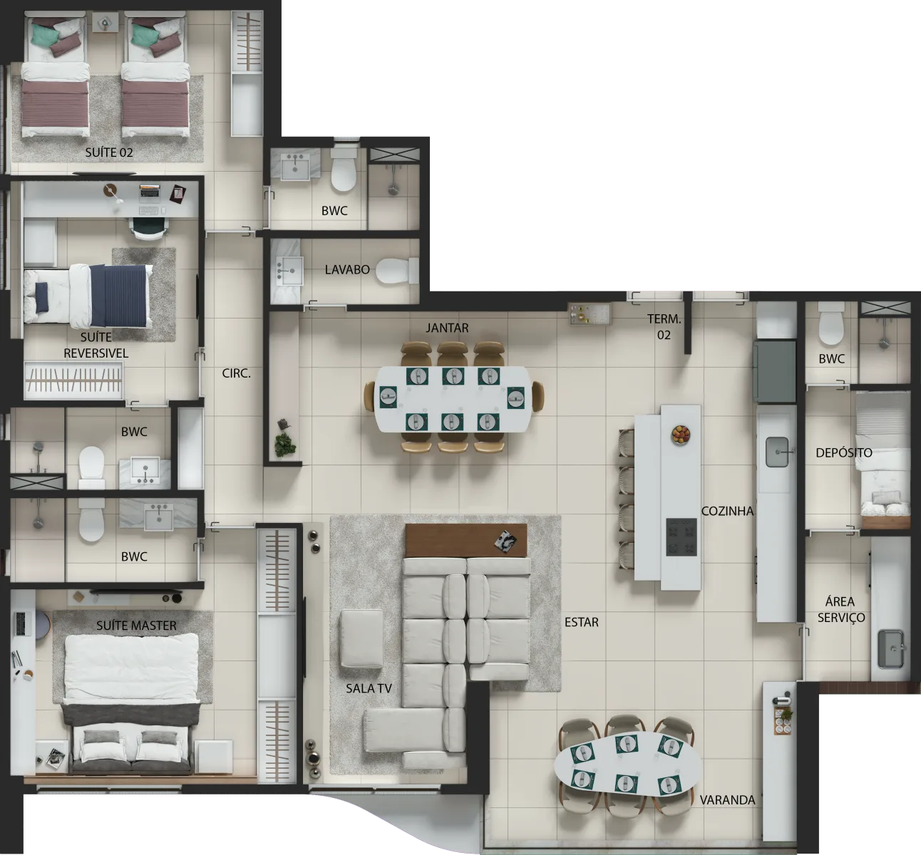 Planta do apartamento — referência 18 aljd ep pb in08 sugestao3integrada v01 1292x1200