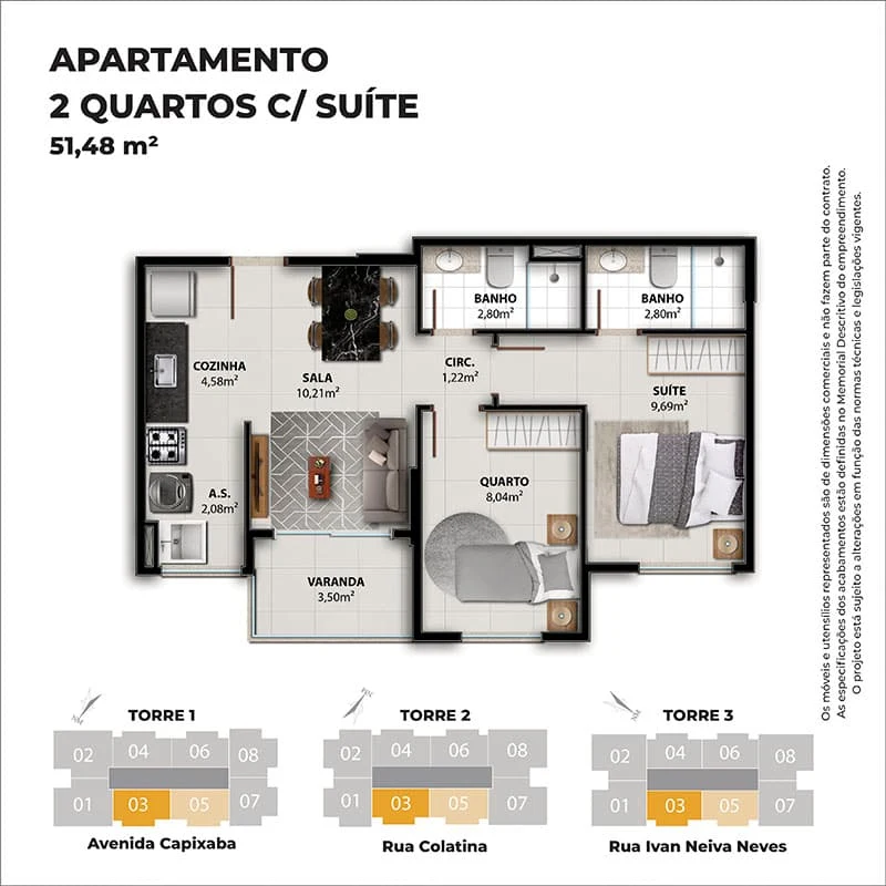 Planta de apartamento de 2 quartos com suíte do Vivenda Coqueiral