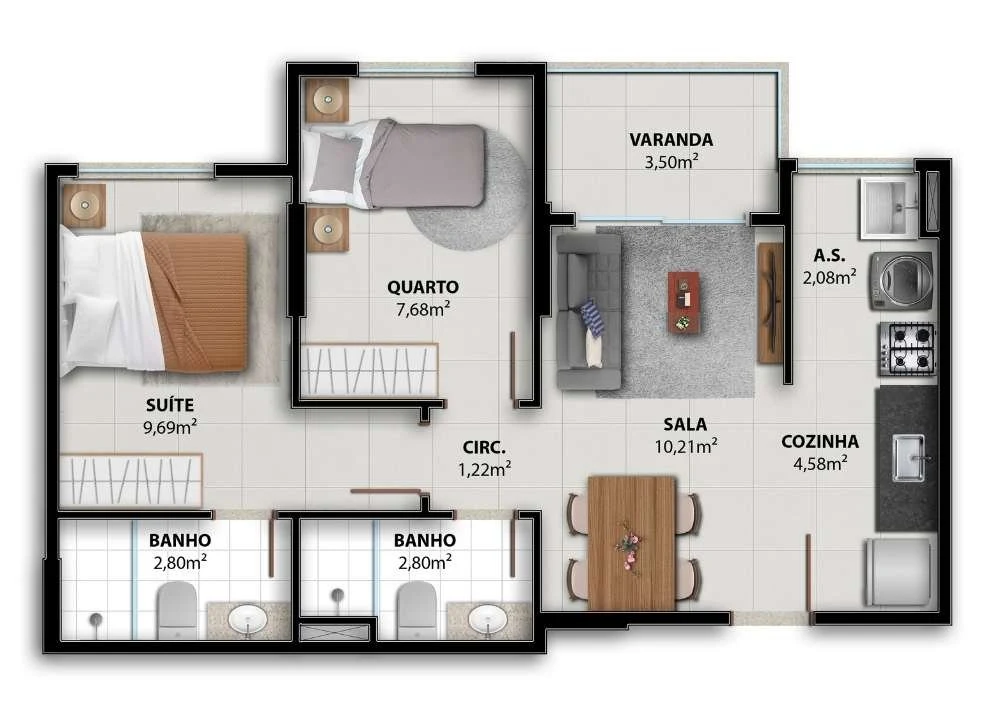 Planta 2 Quartos Com Suite — Vivenda Coqueiral