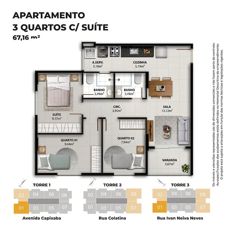 Planta de apartamento de 3 quartos com suíte do Vivenda Coqueiral
