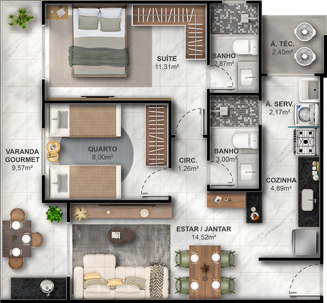 2 quartos, 1 suíte · unidade 601 · 63,62 m²