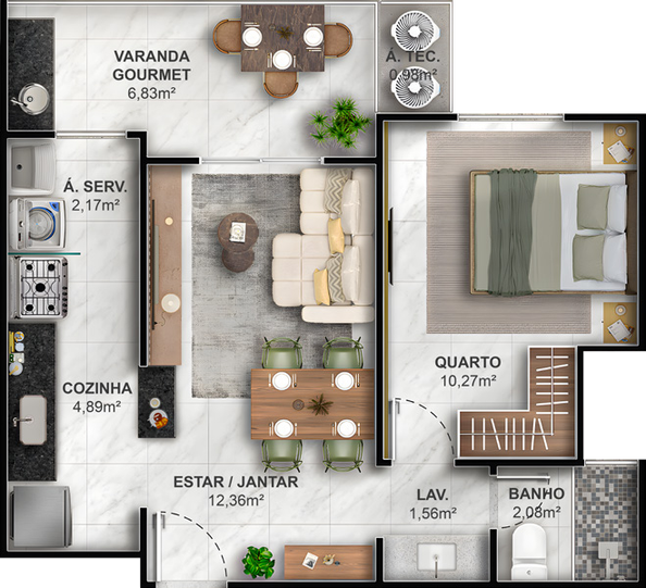 1 quarto · unidade 1104 · 47,01 m²