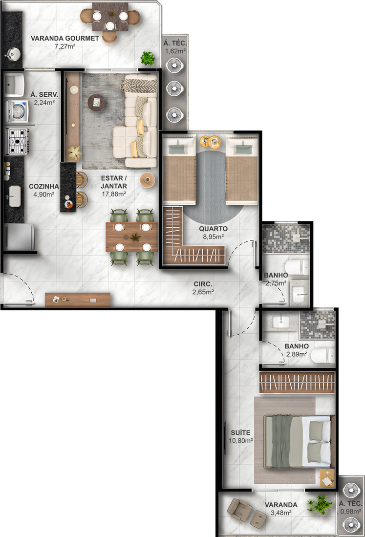 2 quartos, 1 suíte · unidade 1209 · 73,69 m²