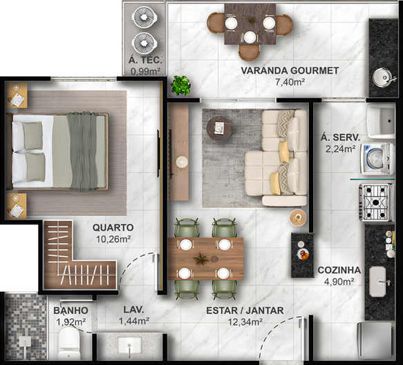 1 quarto · unidade 1107 · 46,92 m²